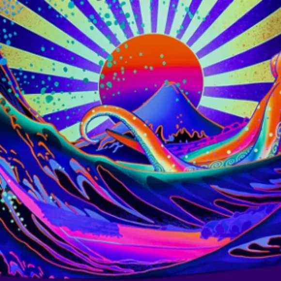 Black Light Great Wave Dark Neon Wall Art Blacklight Octopus Sunrise Tapestry